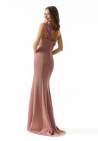 One Shoulder Scuba Crepe Evening Gown with Crystal Beading