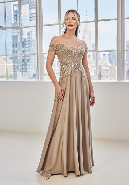 Off The Shoulder Embroidered Crepe Evening Gown