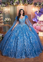 Pattern Sequin and Glitter Quinceañera Dress with Ruffle Sleeves and Streamers